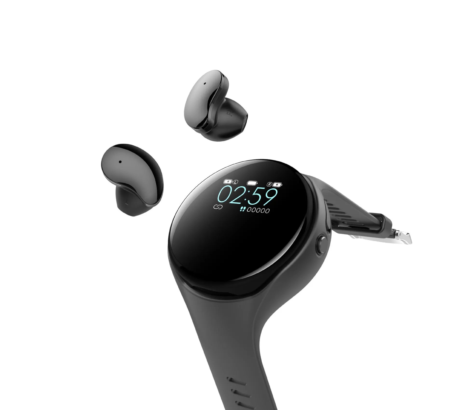 Black detachable smart bracelet and Bluetooth headset combo on a wrist, showing colour screen.
