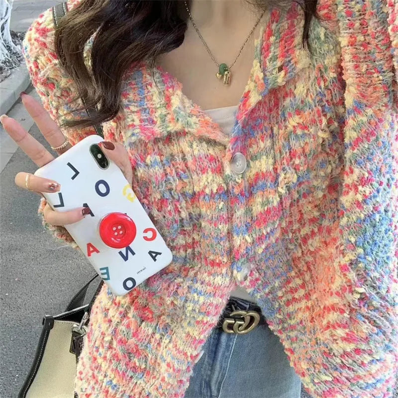 Retro style knitted rainbow cardigan sweater in pink or green colour with slim fit design