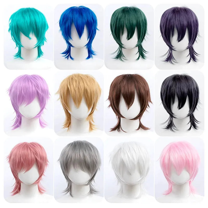 Short red Anime style cosplay wig for men made from high-temperature fibre