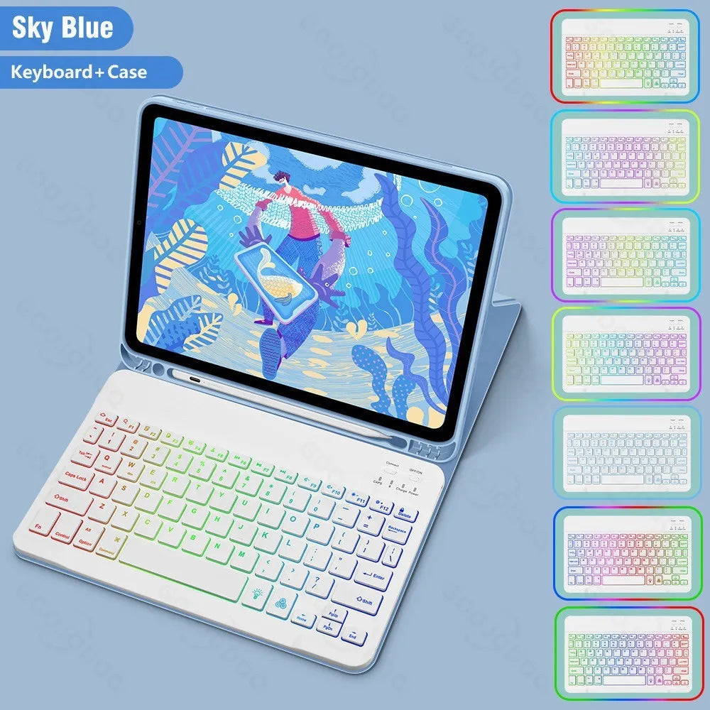 Colourful iPad leather case with attached luminous RGB backlit Bluetooth keyboard on a desk.