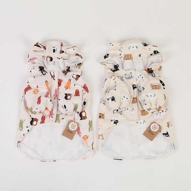 Beige cartoon dog raincoat with animal design and waterproof coating for wet weather protection