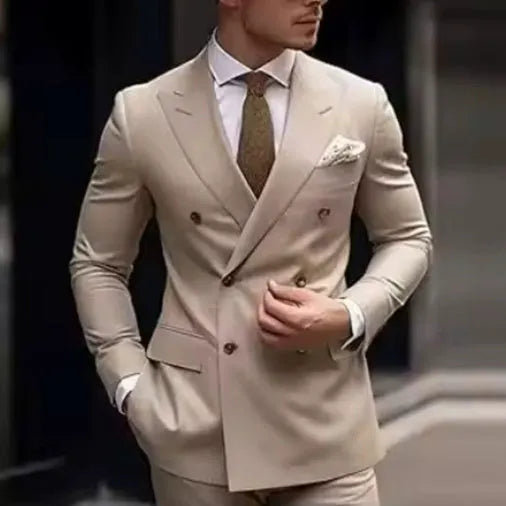 Men's grey Korean style slim fit two-piece business suit on a hanger.