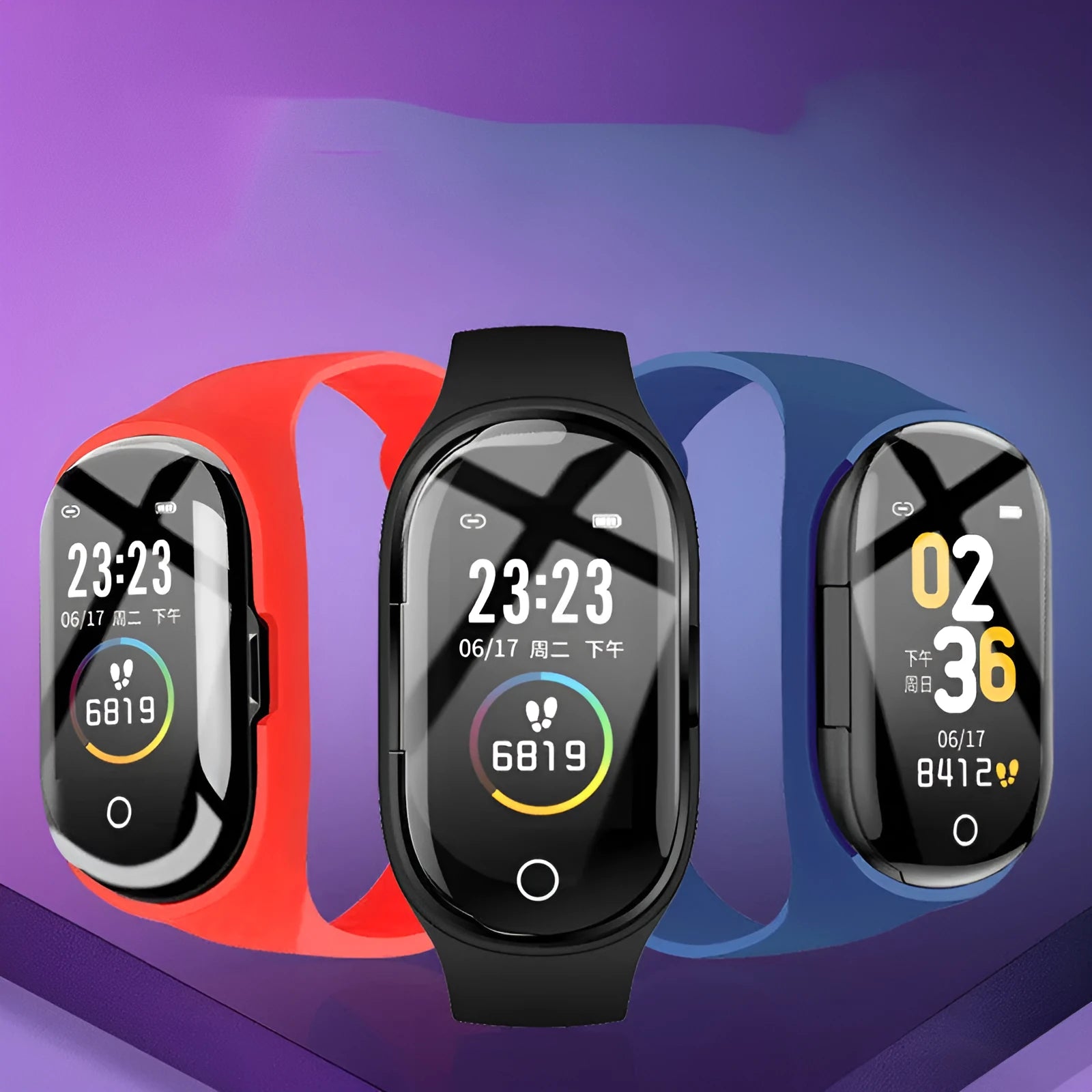 Smart bracelet with integrated wireless earphone in silicone wristband showing display screen and available in black, blue, or red colours