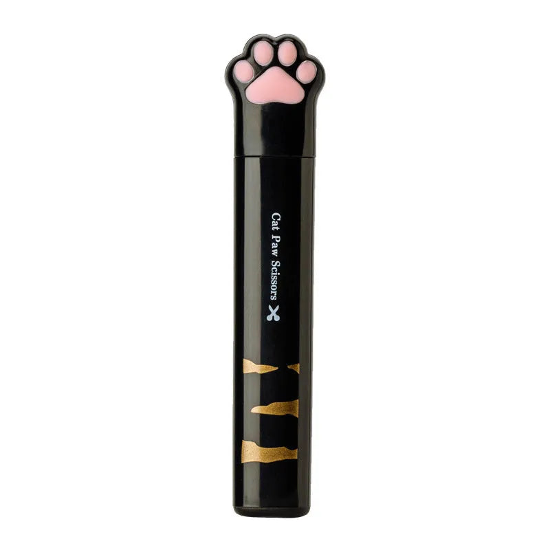 Mini folding craft scissors with cat paw handles in four colours: black, blue, pink, and white.