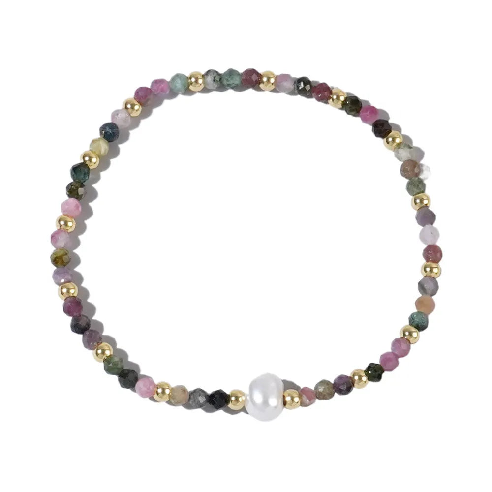 A geometric natural stone bracelet with an ellipse detail, shown in one of fifteen available colour options.