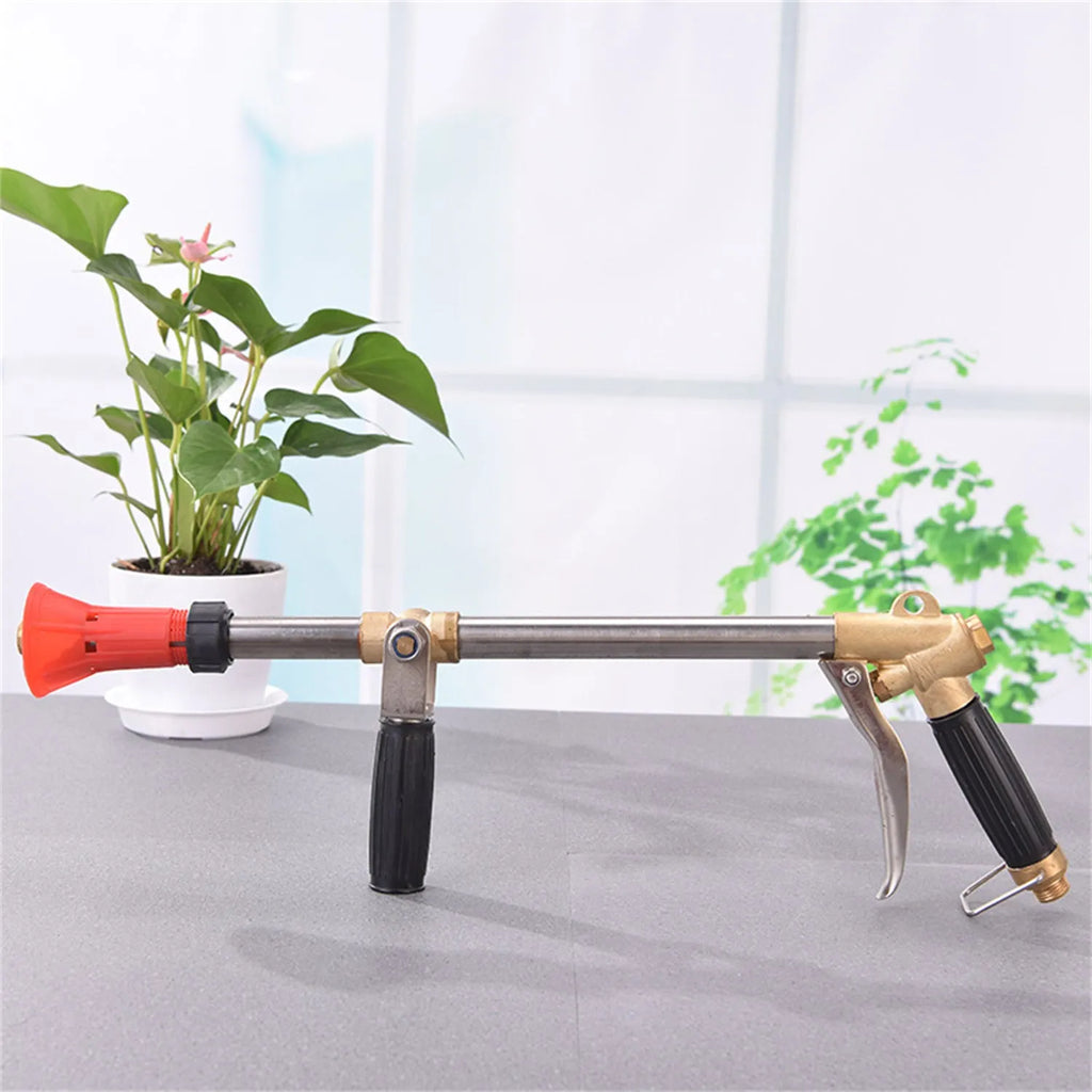 Adjustable high-pressure agricultural spray gun in submachine gun style, made from plastic.