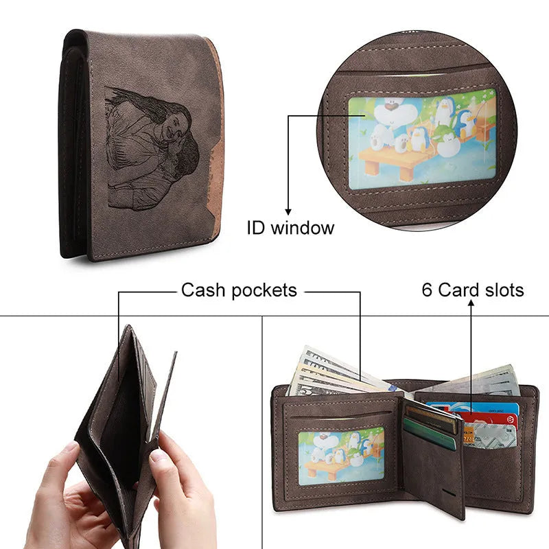 Coffee coloured engraved horizontal short wallet showing personalisation and compact 120x99x25mm dimensions