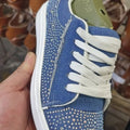 Plus size women's rhinestone casual pumps with thick flat heels in black, blue, white, or red