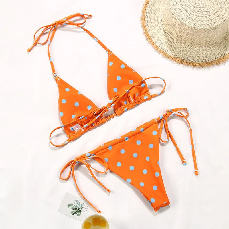 Women's polka dot print split swimsuit bikini in brown dot pattern with matching bra and panties