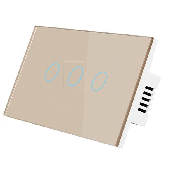 2-gang RF remote control light switch with tempered glass touch panel in black, white or gold finish