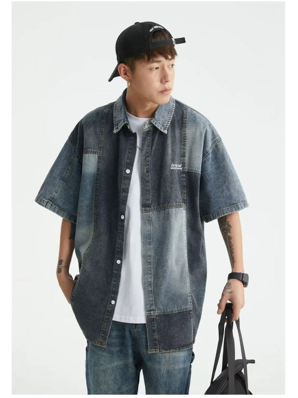 Blue men's denim shirt with Japanese-style retro washed stitching in loose cardigan fit