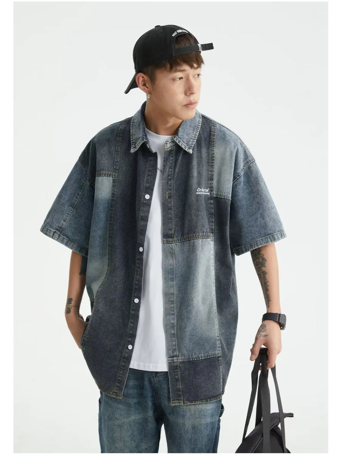 Blue men's denim shirt with Japanese-style retro washed stitching in loose cardigan fit