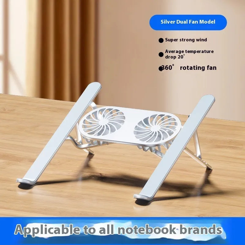 Silver aluminium folding laptop stand with twin cooling fans and adjustable height mechanism