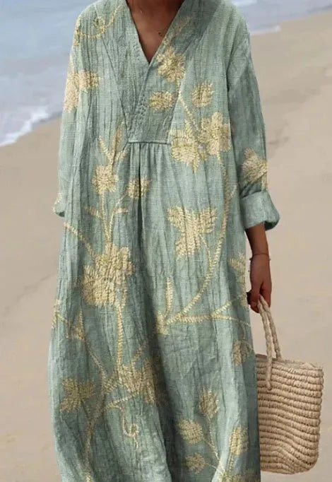 A casual long sleeve shirt dress with a 3D floral print, showcasing its Princess cut and wide waist design.
