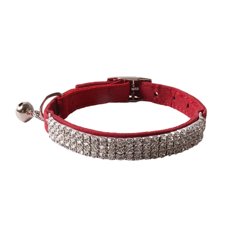 Flannel elastic buckle cat collar in six colour options showing gang drill pattern and dimensions