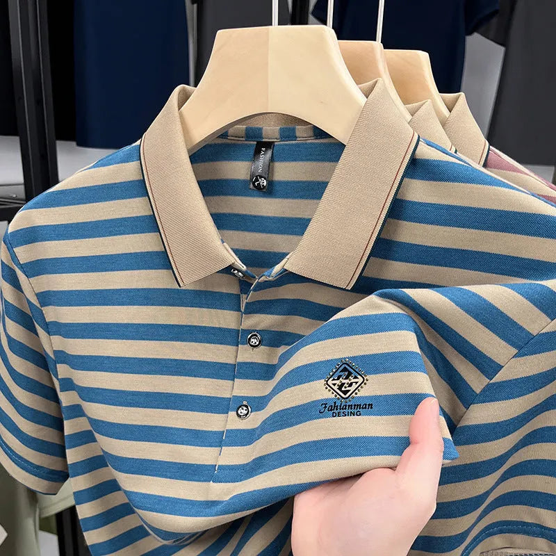 Men's striped polyester short sleeve shirt in red, blue, or green colours with mosaic pattern