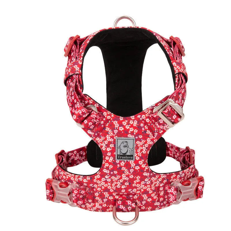 Floral pattern cotton pet harness with chest strap on dog during walk