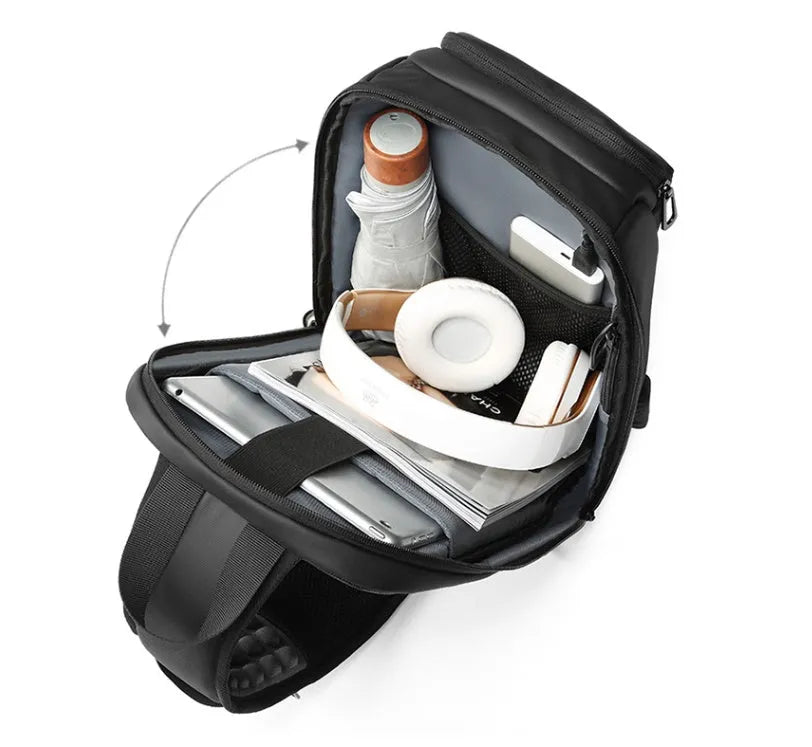 Black PVC outdoor shoulder bag with air cushion strap and multiple compartments