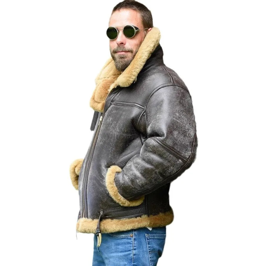 Men's brown retro faux fur winter coat with straight hem and side pockets