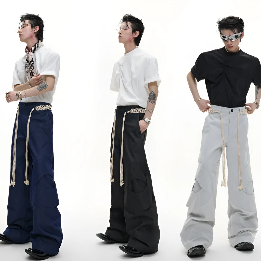 Men's straight leg jeans with 3D texture, belt stitching, and decorative zipper details in dark colour