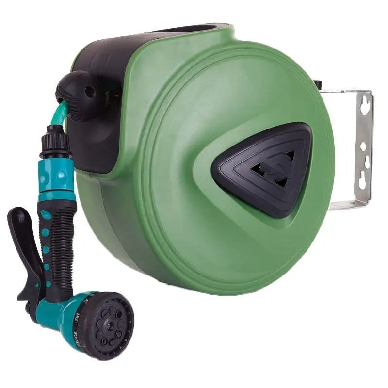 Automatic retractable hose reel with 10 metre PVC water pipe in compact drum for car washing