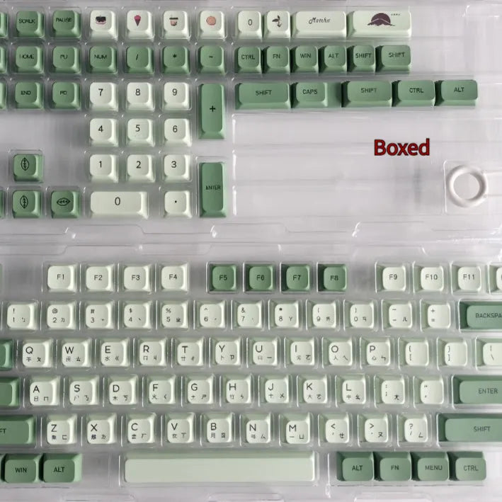Matcha green PBT keycap set with 124 keys for mechanical keyboards, showing sublimation dye legends.