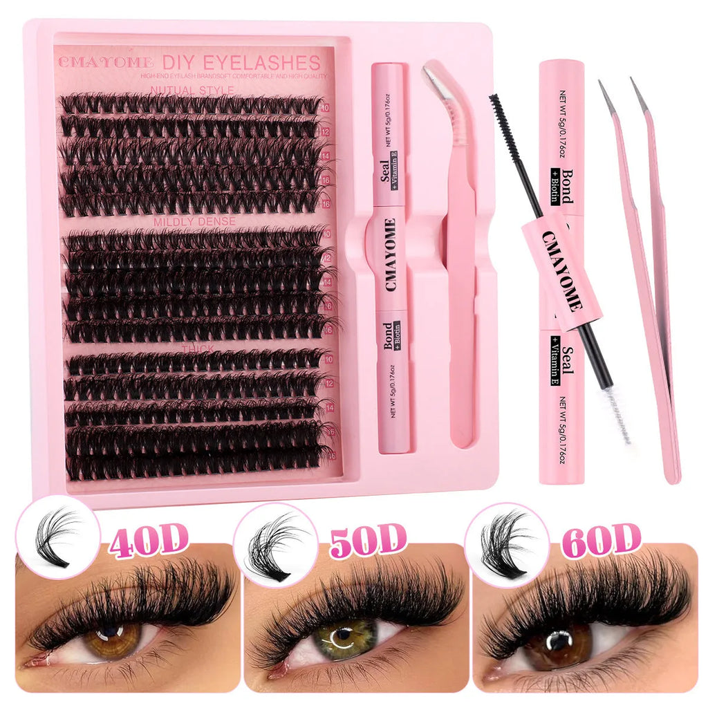 DIY false eyelash extension kit showing cluster lashes and metal eyelash tweezers on a clean background.