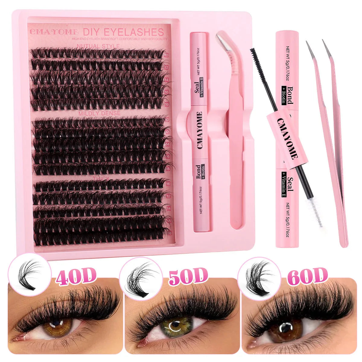 DIY false eyelash extension kit showing cluster lashes and metal eyelash tweezers on a clean background.