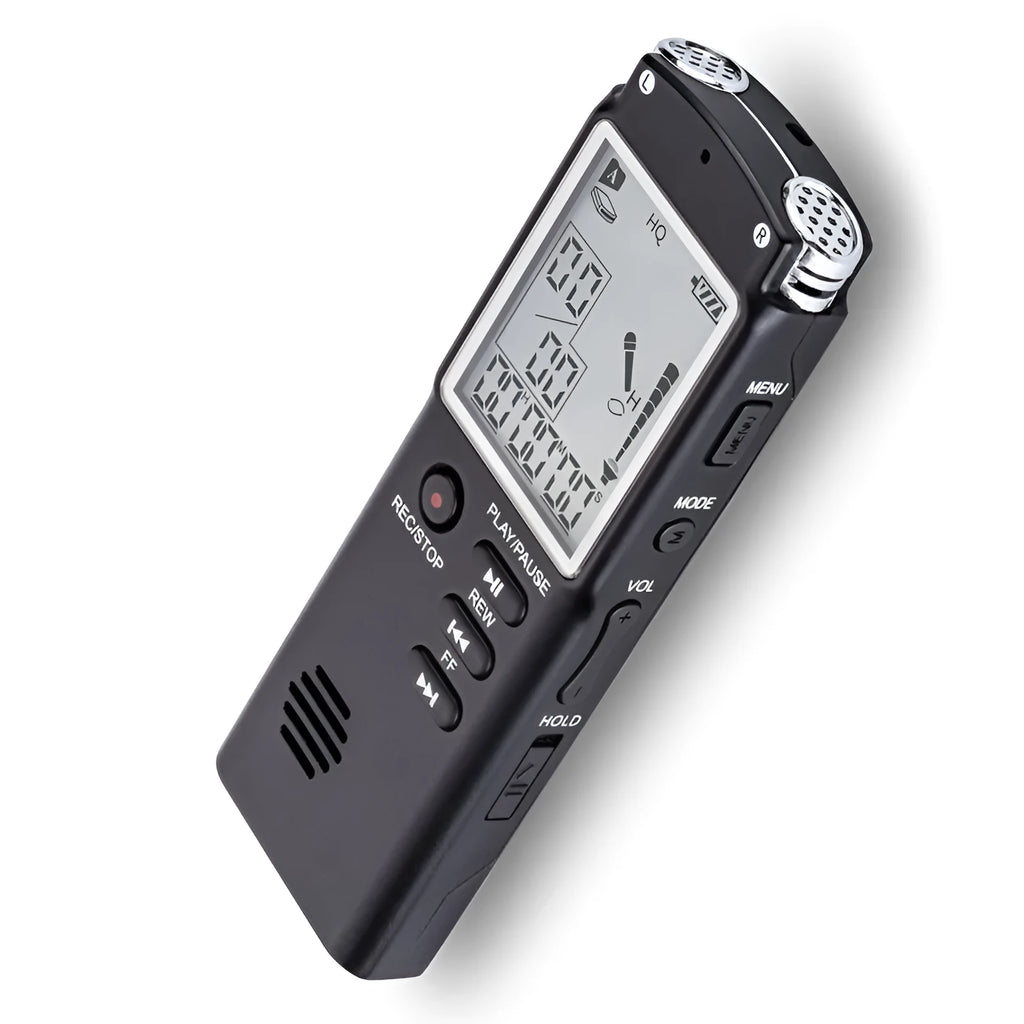 Compact black USB digital voice recorder with display screen and microphone port