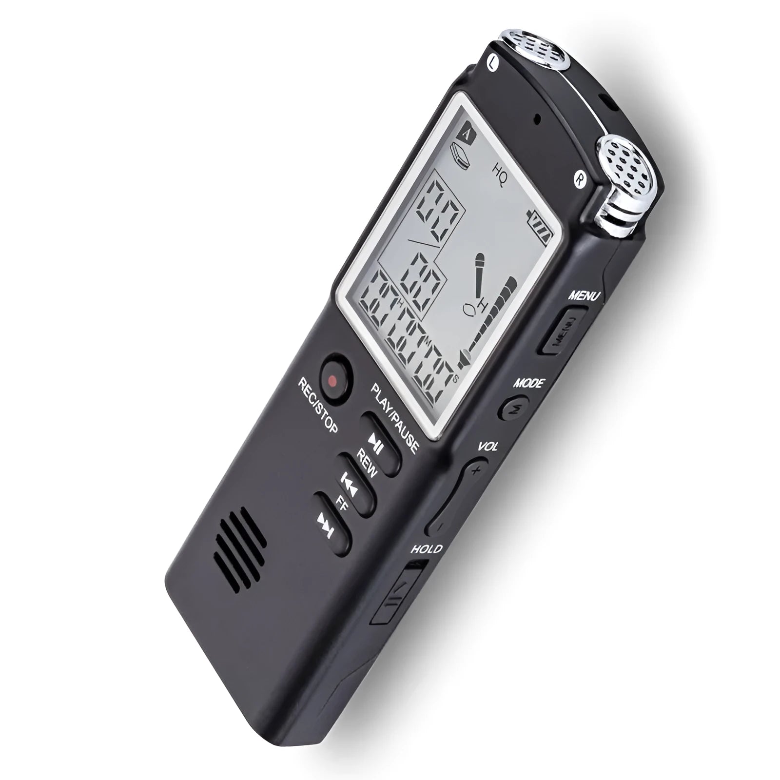 Compact black USB digital voice recorder with display screen and microphone port