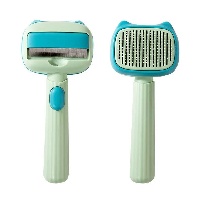 Red double-sided pet deshedding brush with dematting comb on a white background.