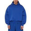 Men's grey fleece-lined cotton pullover hoodie with long sleeves on a hanger.