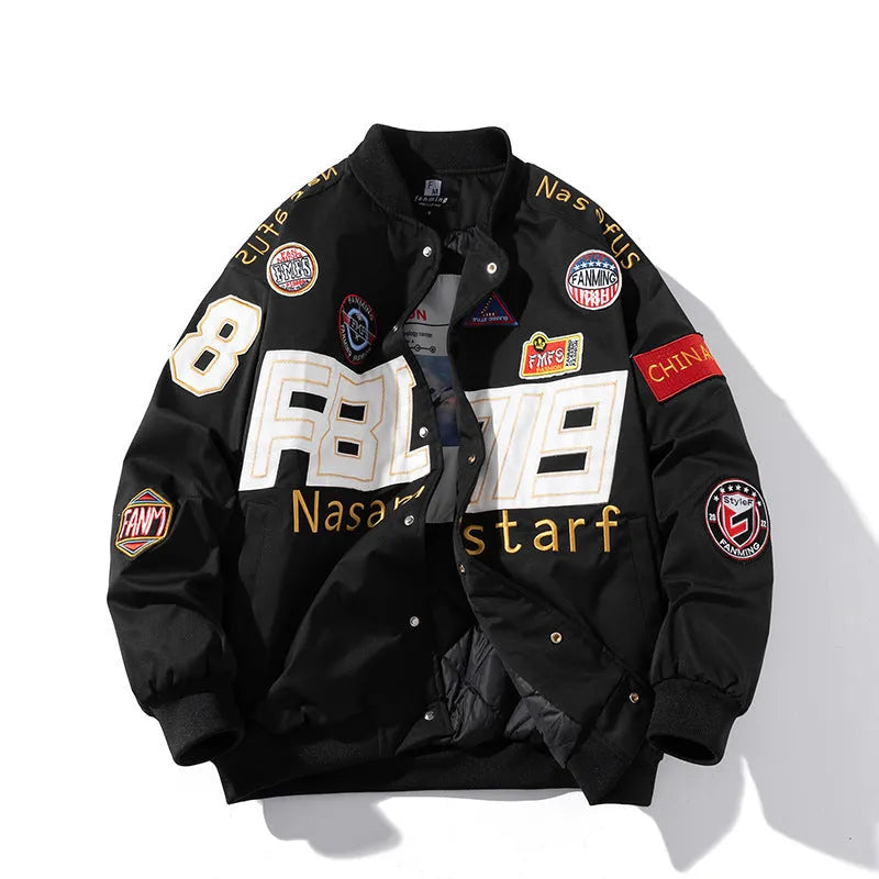 American motorcycle baseball uniform with side pockets available in black red or blue colours