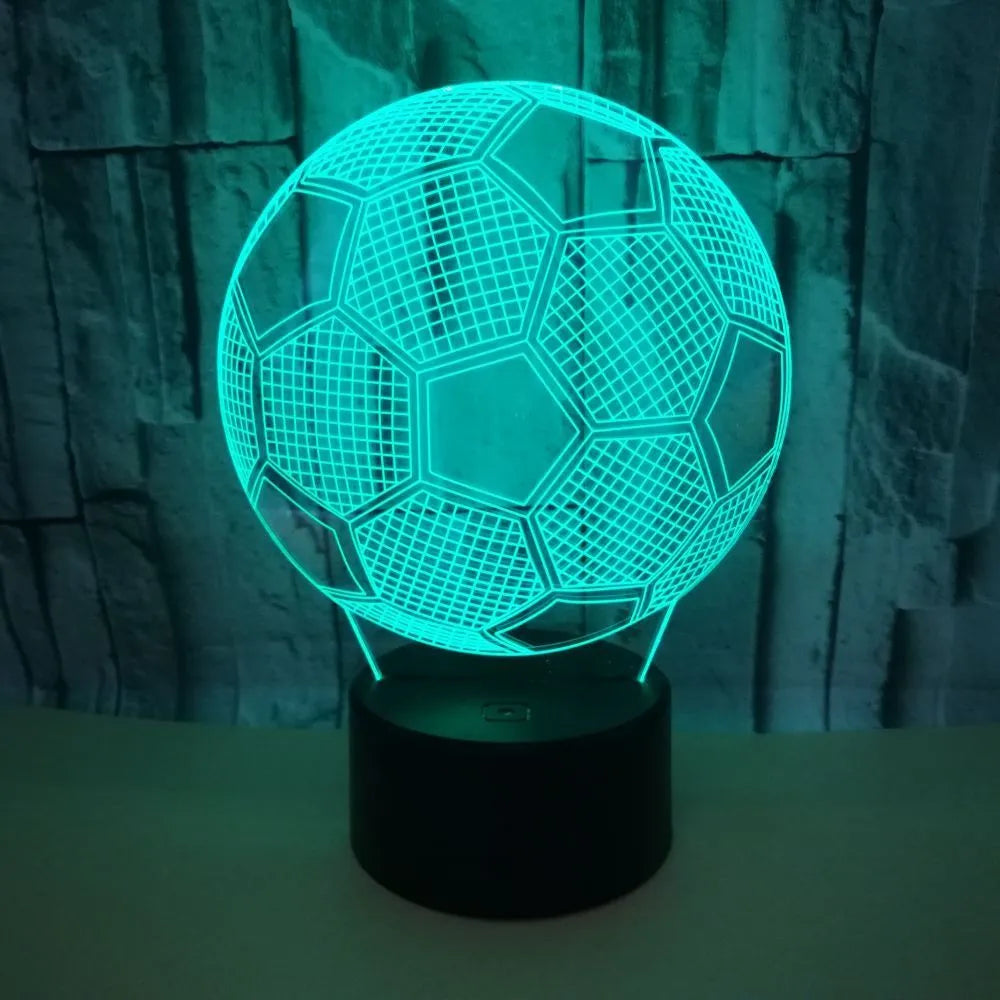 3D acrylic football night light showing colour-changing LEDs on a black ABS base.