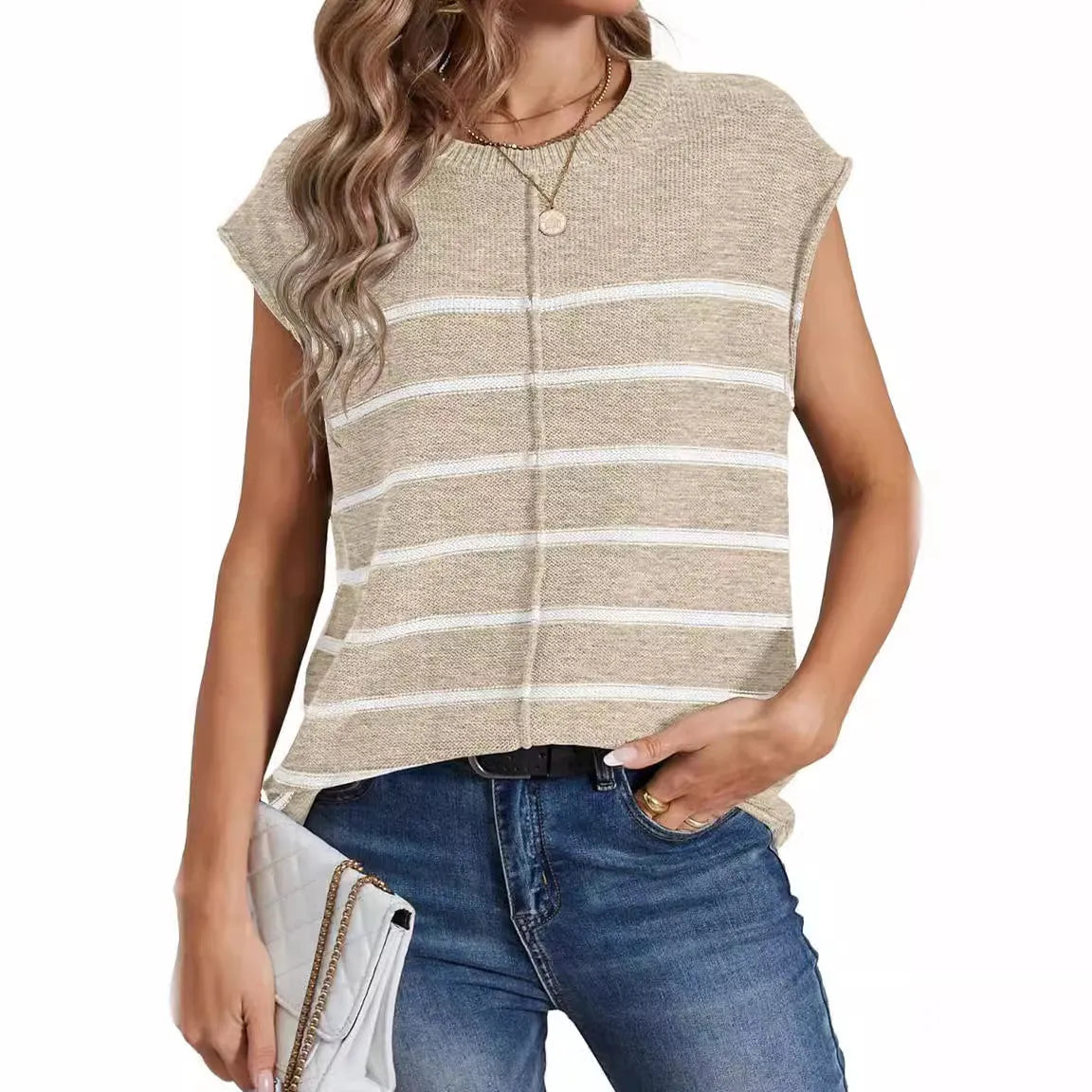 Women's striped sleeveless pullover casual top in apricot colour showing striped seam bone stitching detail.