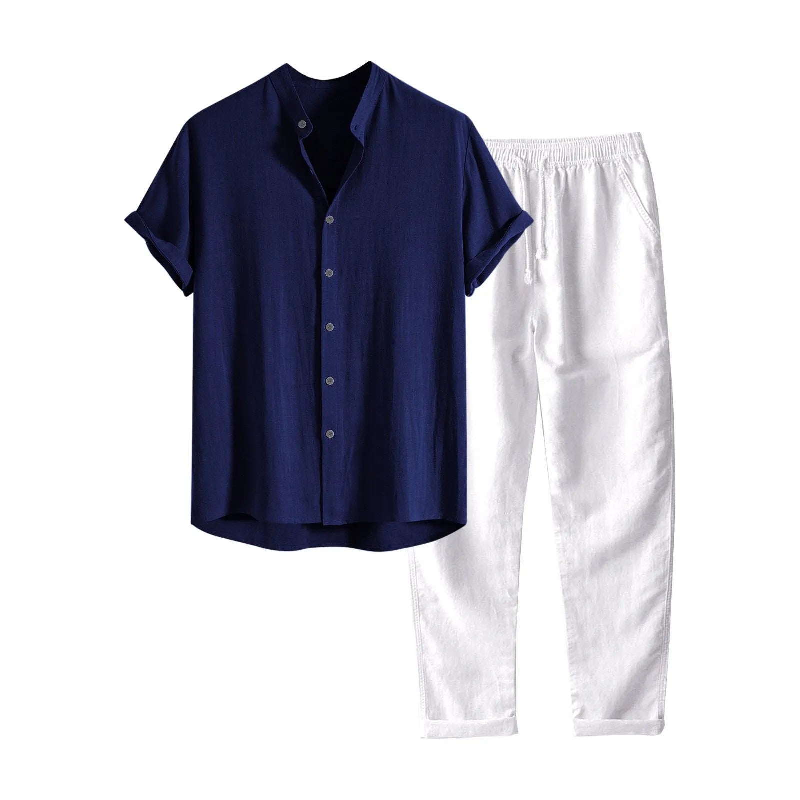 Men's loose fit linen blend short sleeve shirt and trousers casual suit set on a hanger.