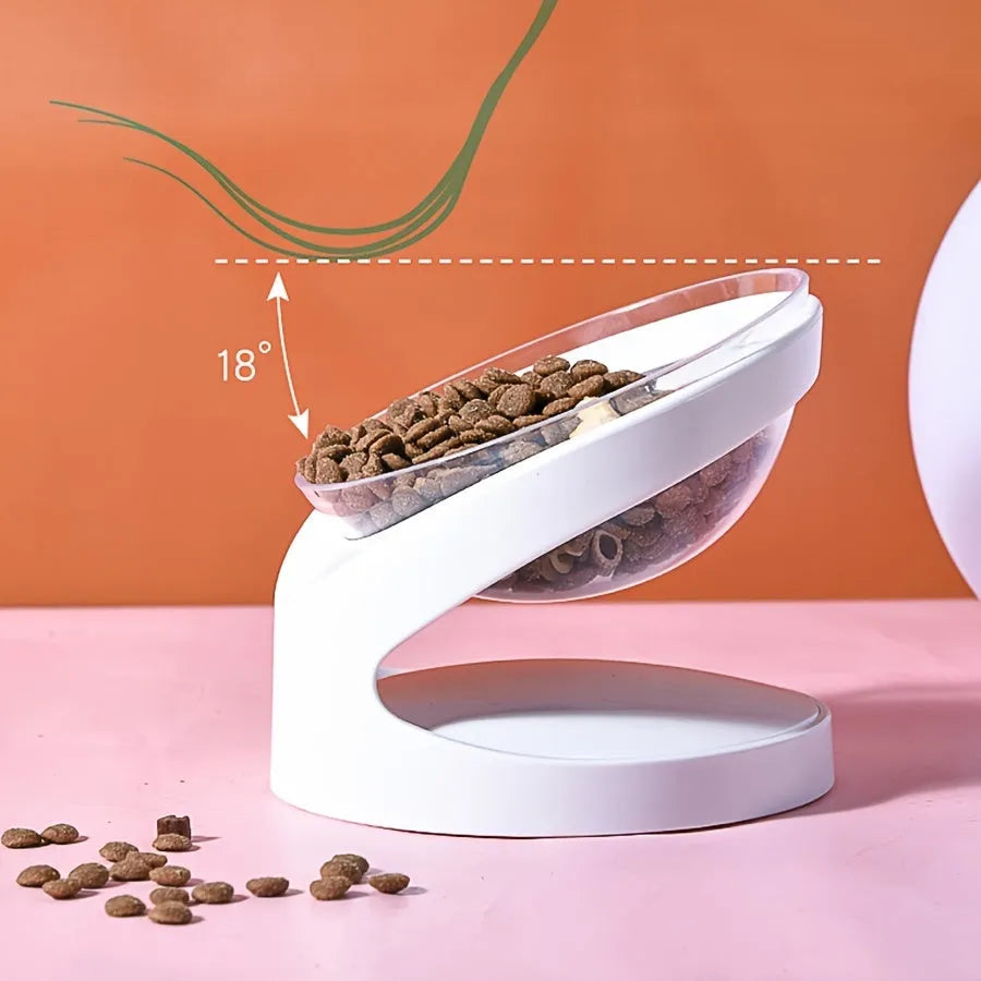 White clear plastic tilted ergonomic cat food bowl for dry and wet food.