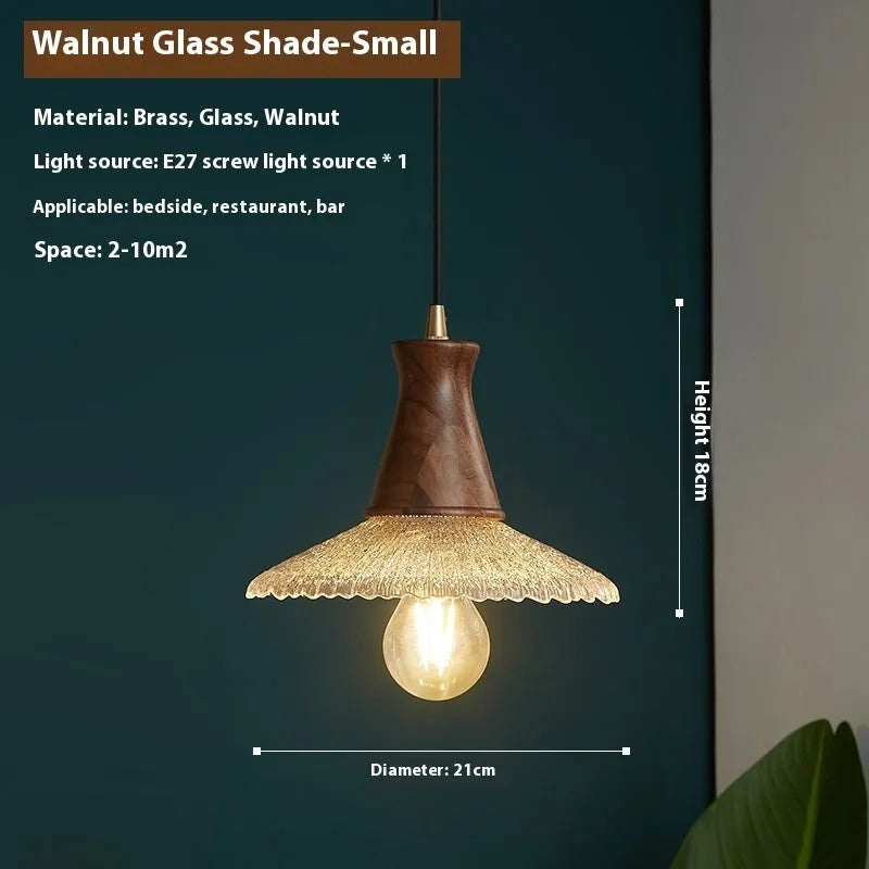 Retro wood and glass ceiling chandelier with brass-colour finish in three sizes.