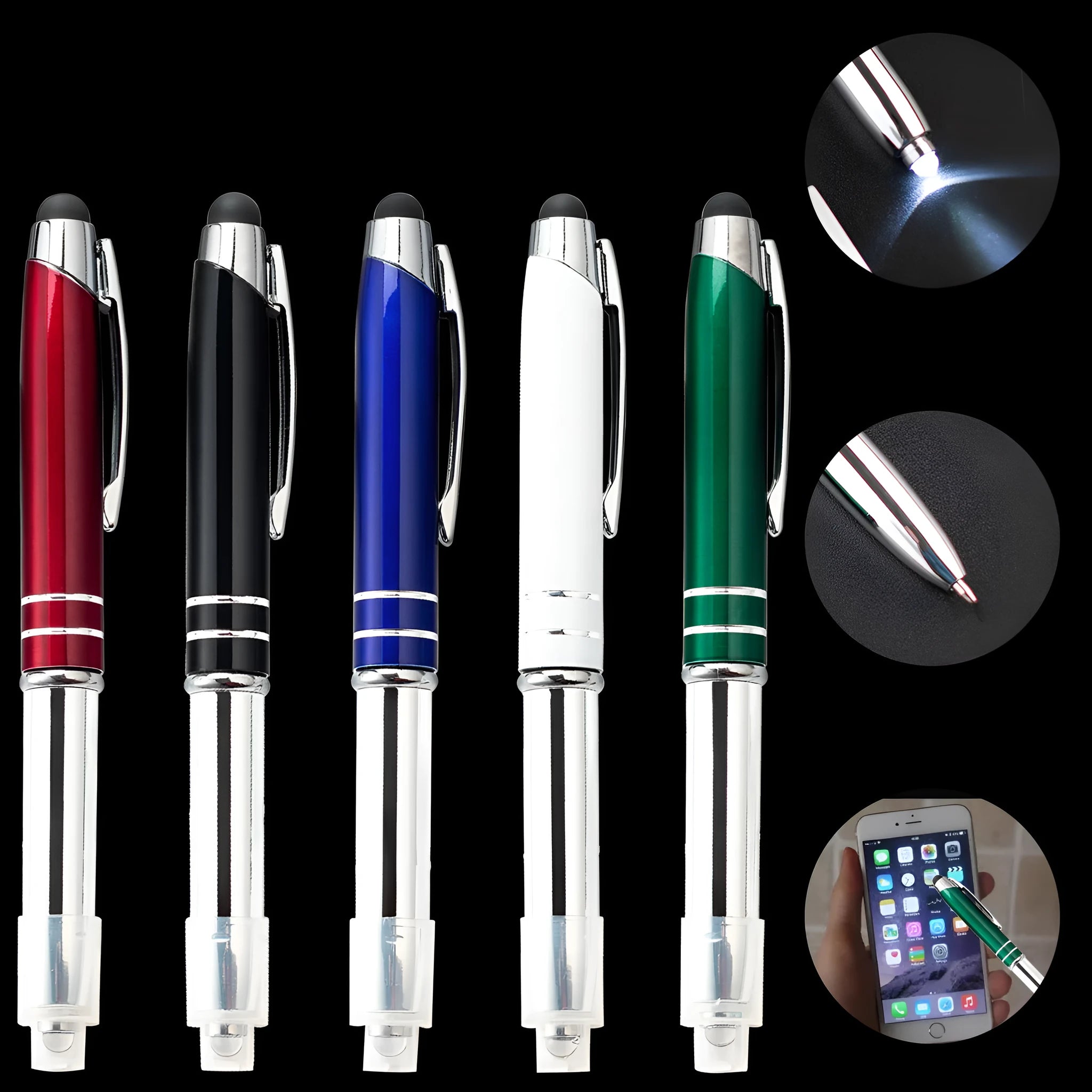 Metal multifunctional pen with capacitive stylus tip, ballpoint pen, and LED light in five colour options