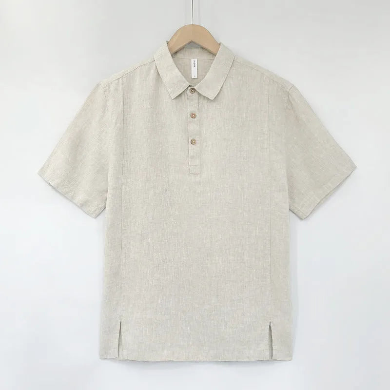 Men's light linen short sleeve shirt with thin lapels in a loose fit for summer.
