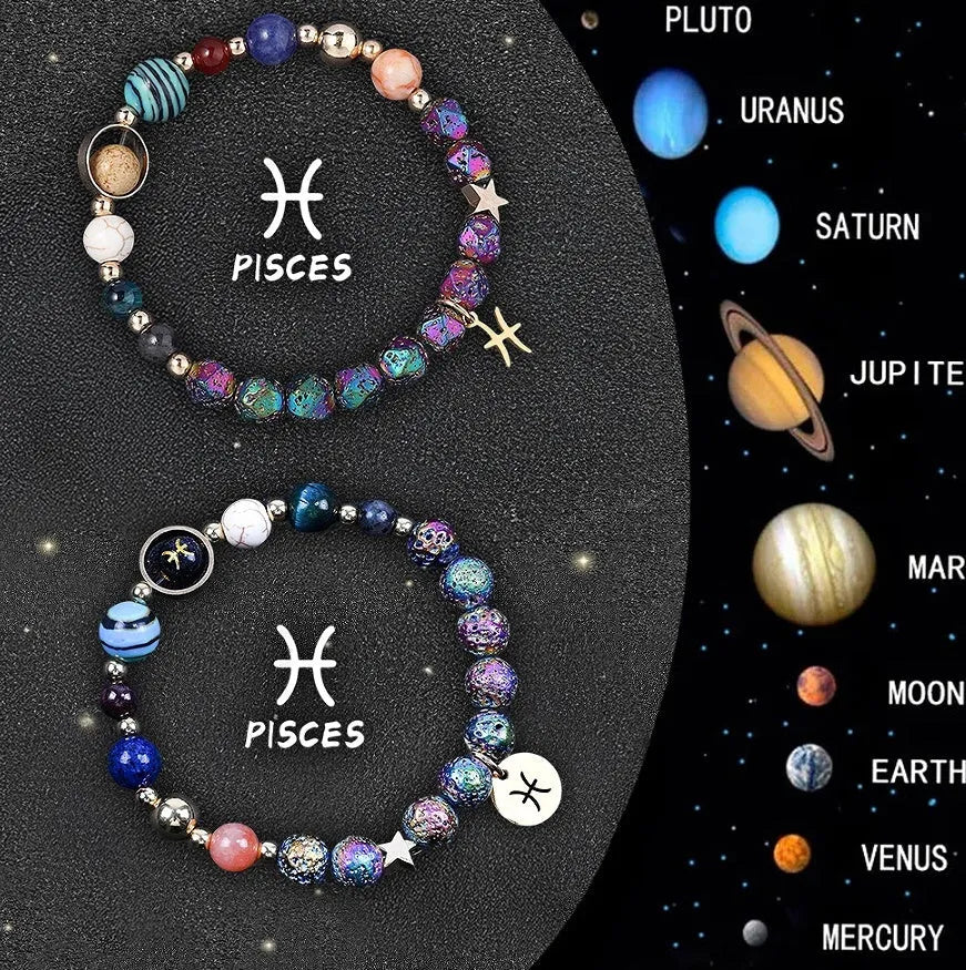 Two natural stone beaded bracelets with zodiac sign charms on a white background