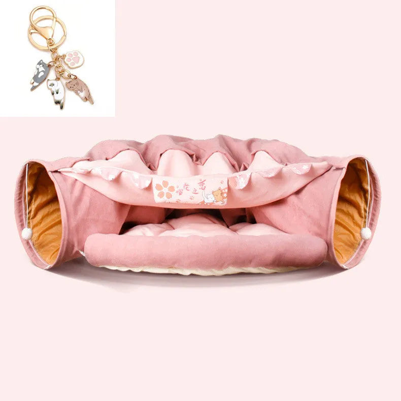 Collapsible cloth cat tunnel in a choice of colours, shown with dimensions 45cm by 50cm by 22cm.