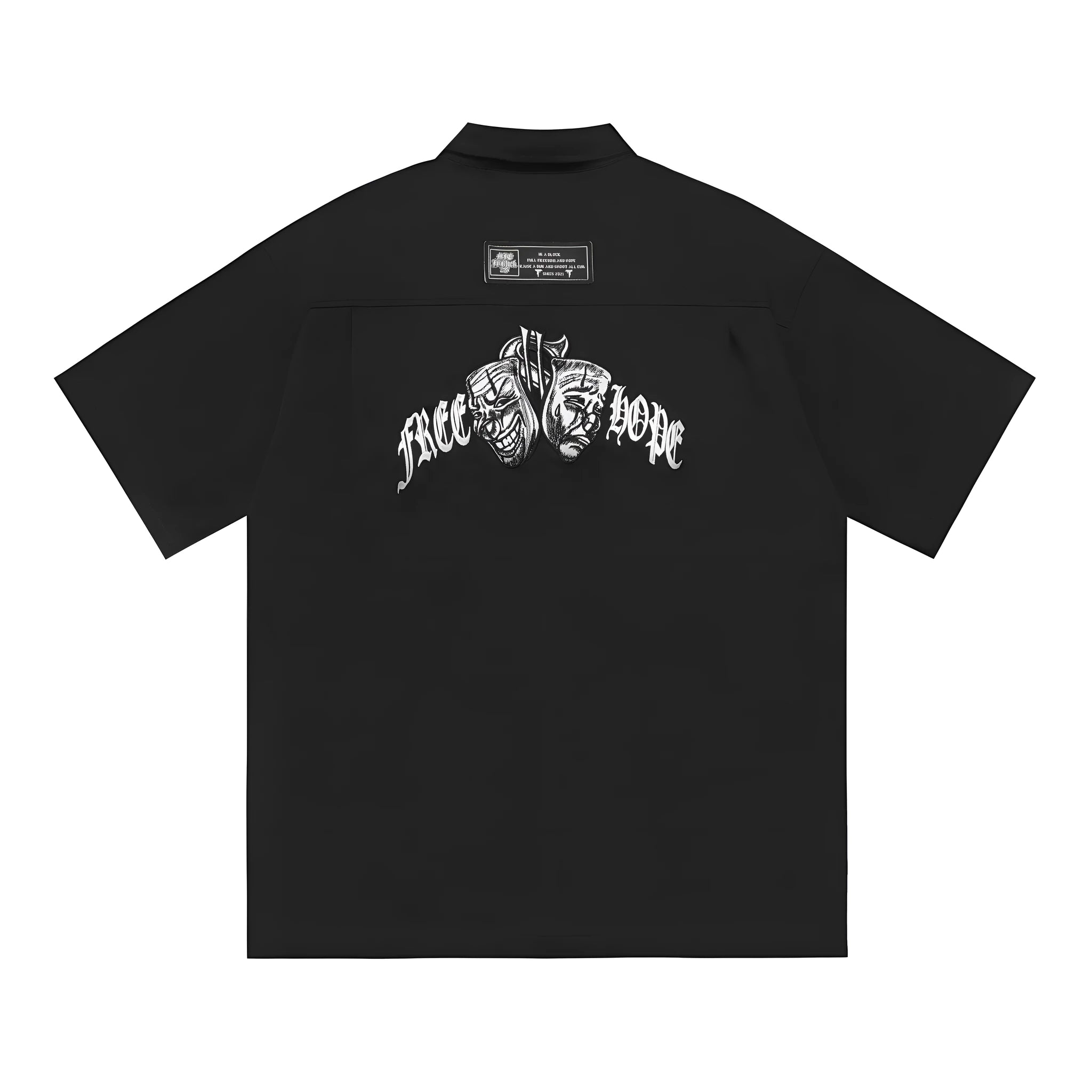 Men's black plus-size loose fit cotton blend shirt with embroidered pocket detail and half sleeves