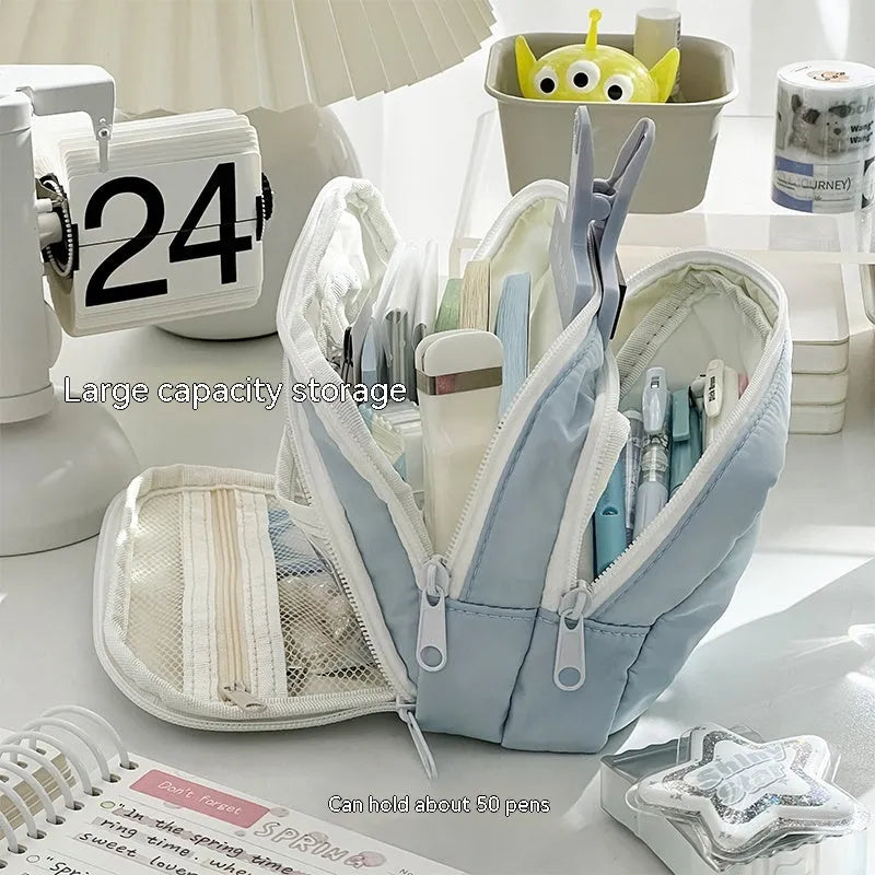 Double layer pencil case in solid colour with gift handle for stationery storage