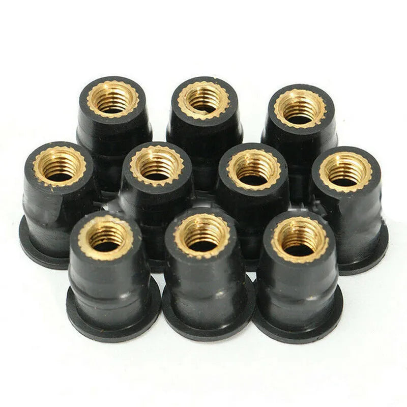 Black motorcycle windshield rubber well nut fasteners with brass threads in M4 M5 M6 sizes, kit of 10 pieces.
