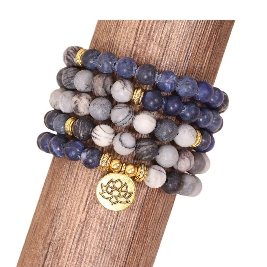 Blue patterned network stone bead multi-layer bracelet with alloy metal chain links