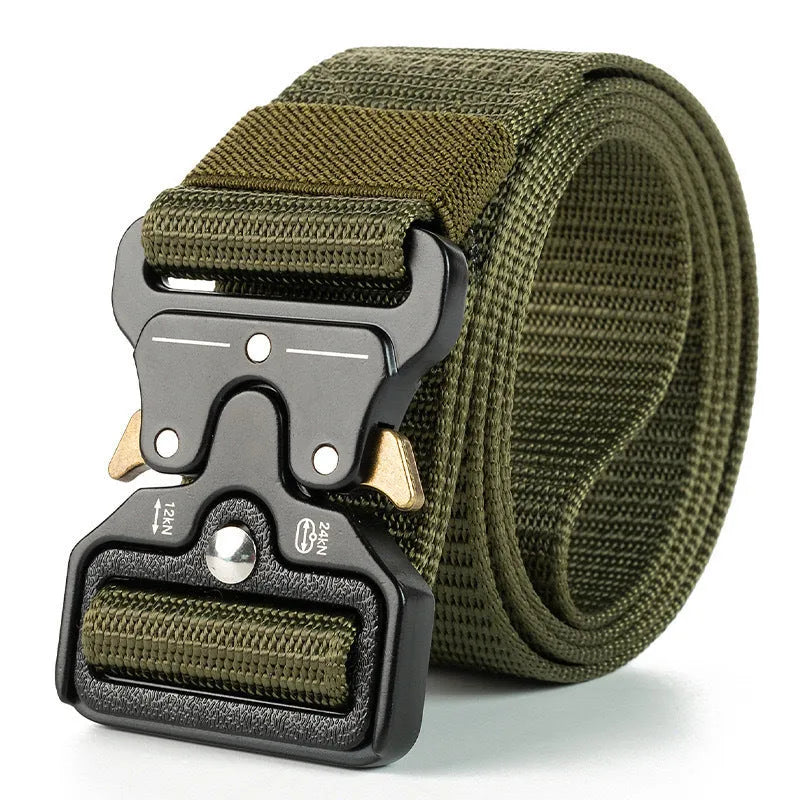 Men's thick canvas tactical belt with alloy release buckle in Army Green colour.