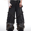 Men's grey cotton denim jeans with camouflage splicing pattern and ribbon detailing