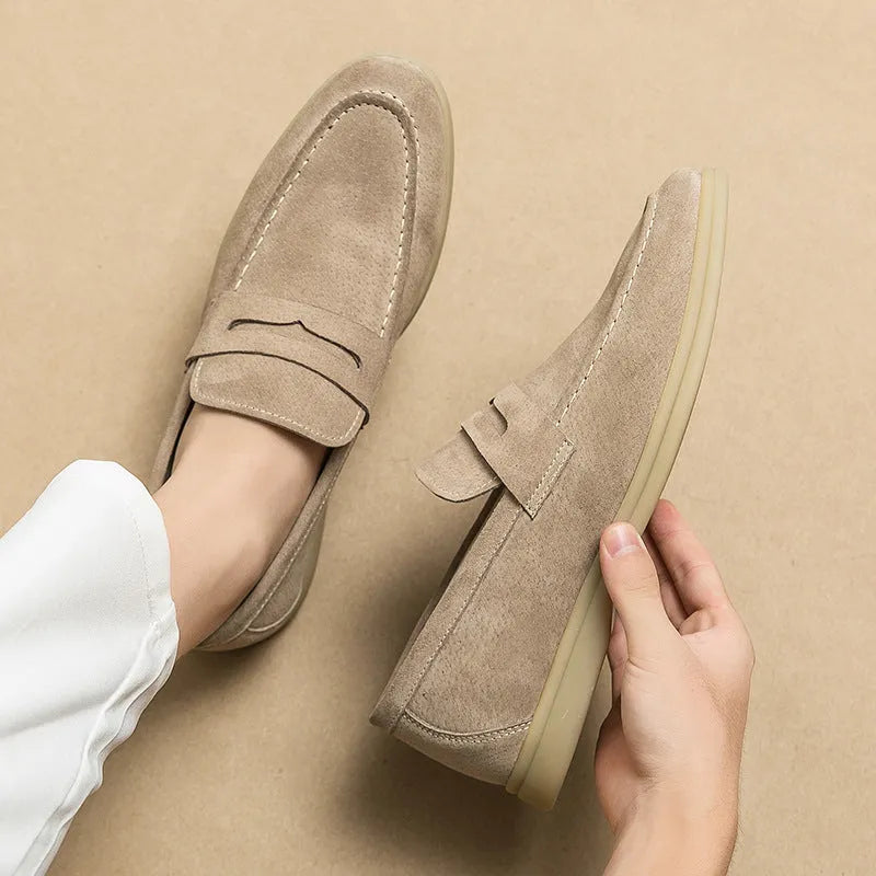 Men's beige leather slip-on shoes with round toe and rubber sole