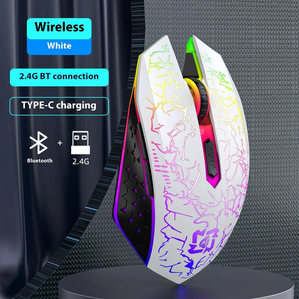 Black and white versions of a wireless gaming mouse with luminous breathing light on a desk with charging cable.
